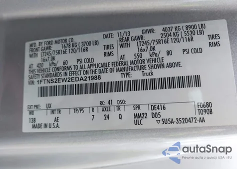 2014 Ford Econoline E250 Van from USA, damaged, VIN 1FTNS2EW2EDA21988